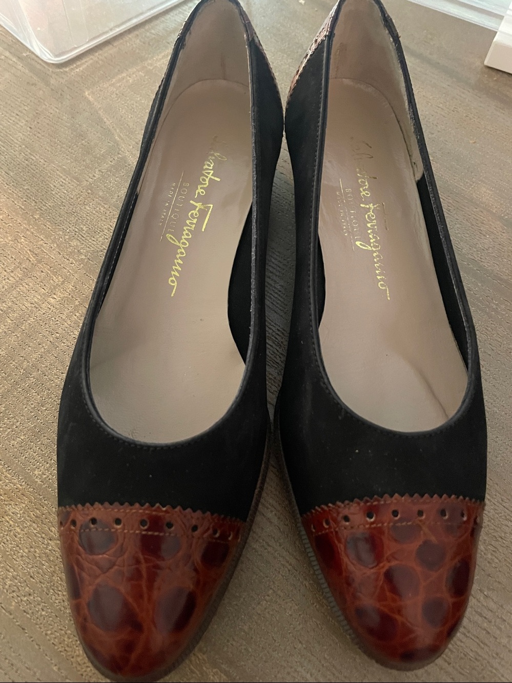 Black Suede Flats with Brown Leather Cap Toe - Ferragamo
